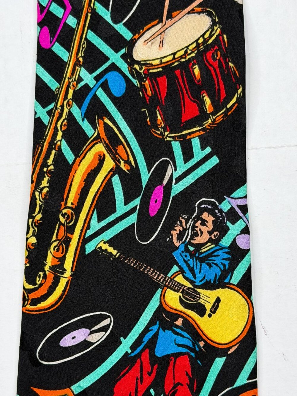 1990s Vintage Silk Tie ‘50s Nostalgic Elvis Rock Instruments Graphic Print NWOT
